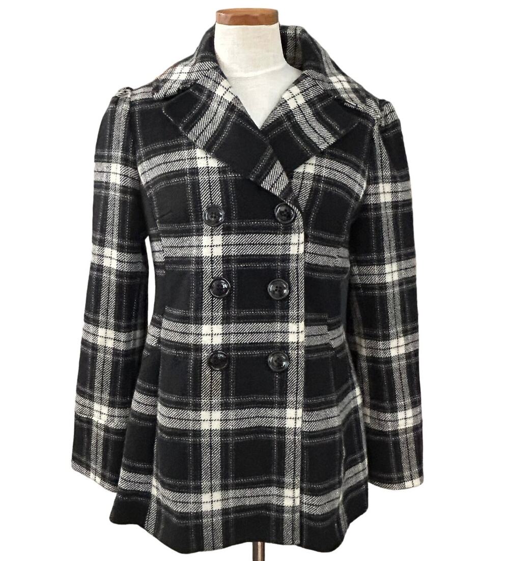 Steve Madden Plaid Double Breasted Wool Pea Coat SIZE L Fall Academia Classic
